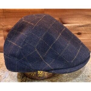 VIntage Wilsons Leather Newsboy Hat Mens L/XL wool blend Cap Blue Plaid Ear Flap